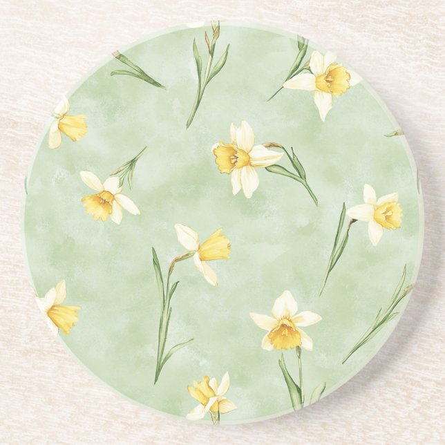 Dessous De Verre En Grès Fleurs de jonquilles jaune vert menthe (Devant)