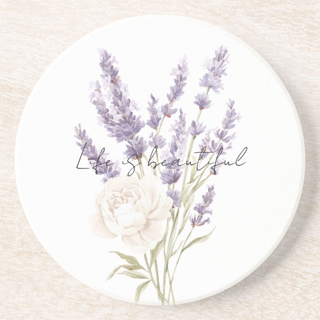 Dessous De Verre En Grès Fleurs de Lavande Rose Blanche (Devant)