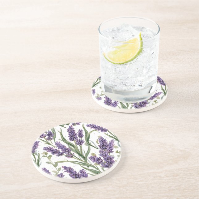 Dessous De Verre En Grès Fleurs de lavande violette aquarelle botanique (Côté)