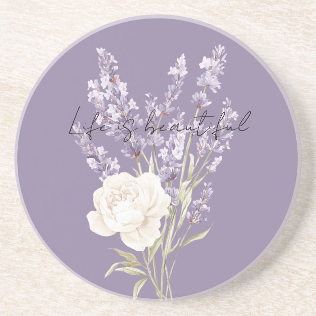 Dessous De Verre En Grès Fleurs de Lavande Violette Rose Blanche (Devant)
