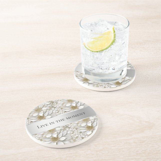 Dessous De Verre En Grès Fleurs de Lotus Blanc Or (Côté)