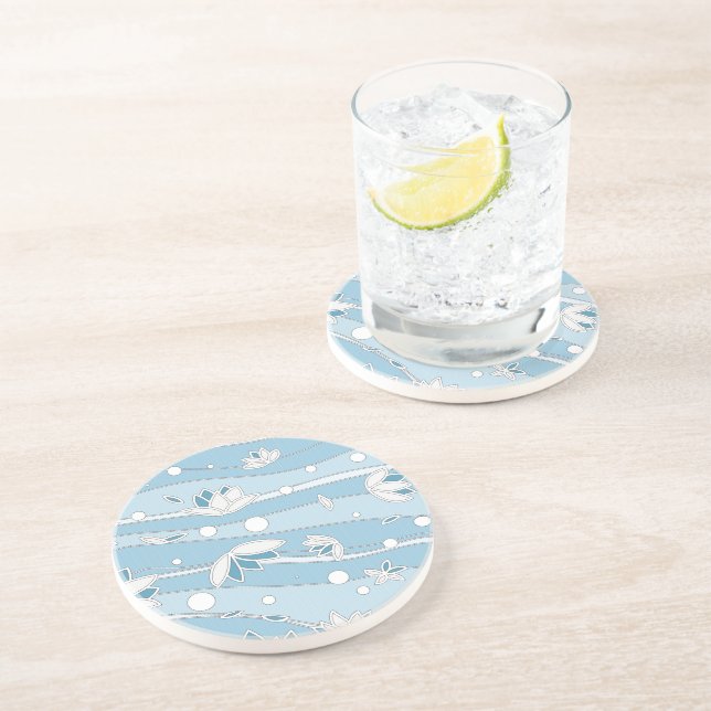 Dessous De Verre En Grès Fleurs de Lotus Blancs sur bandes Bleues (Côté)