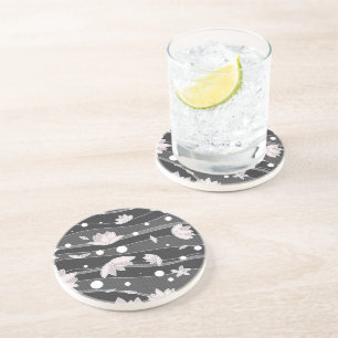 Dessous De Verre En Grès Fleurs de Lotus roses sur bandes noires