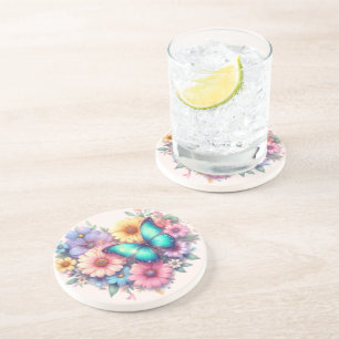 Dessous De Verre En Grès Fleurs de marguerite avec un beau papillon
