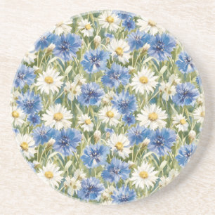 Dessous De Verre En Grès Fleurs de marguerite bleues blanches