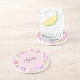 Dessous De Verre En Grès Fleurs de monogramme aquarelle rose fuchsia occide