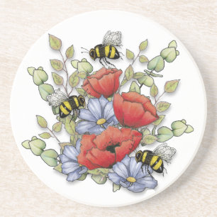 Dessous De Verre En Grès Fleurs de pavot et dessin numérique de botanique 