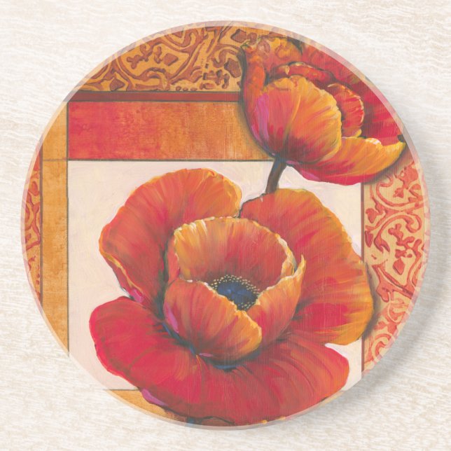 Dessous De Verre En Grès Fleurs de pavot sur Tan et Arrière - plan orange (Devant)