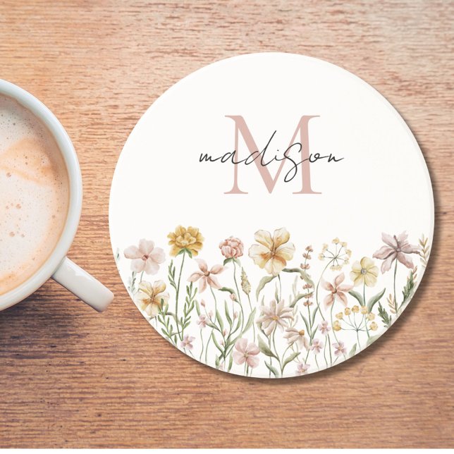 Dessous De Verre En Grès Fleurs de prairie sauvage aquarelle monogrammée (In situ)