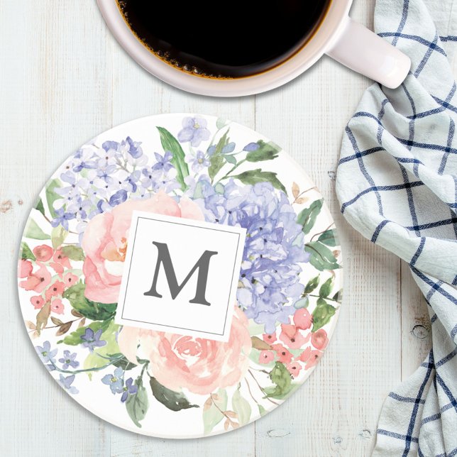 Dessous De Verre En Grès Fleurs de printemps bleu rose aquarelle monogrammé (In situ)