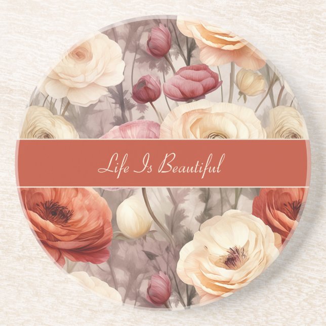 Dessous De Verre En Grès Fleurs de Ranunculus Crème Rose Rouge   (Devant)