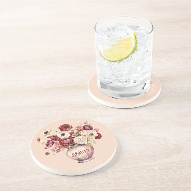 Dessous De Verre En Grès Fleurs de Renoncule Rouge Crème (Côté)