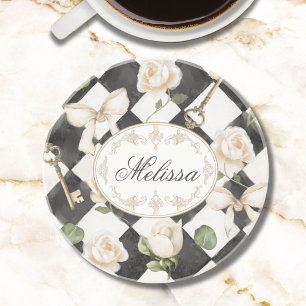 Dessous De Verre En Grès Fleurs de rose vintage en diamant noir et blanc Mo