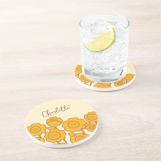 Dessous De Verre En Grès Fleurs de soleil jaunes Nom personnalisable (Côté)