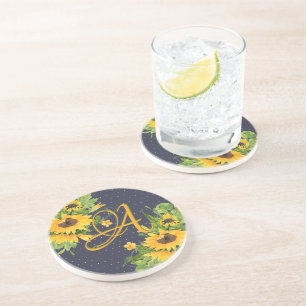 Dessous De Verre En Grès Fleurs de soleil monorgammées Décor bleu jaune mod