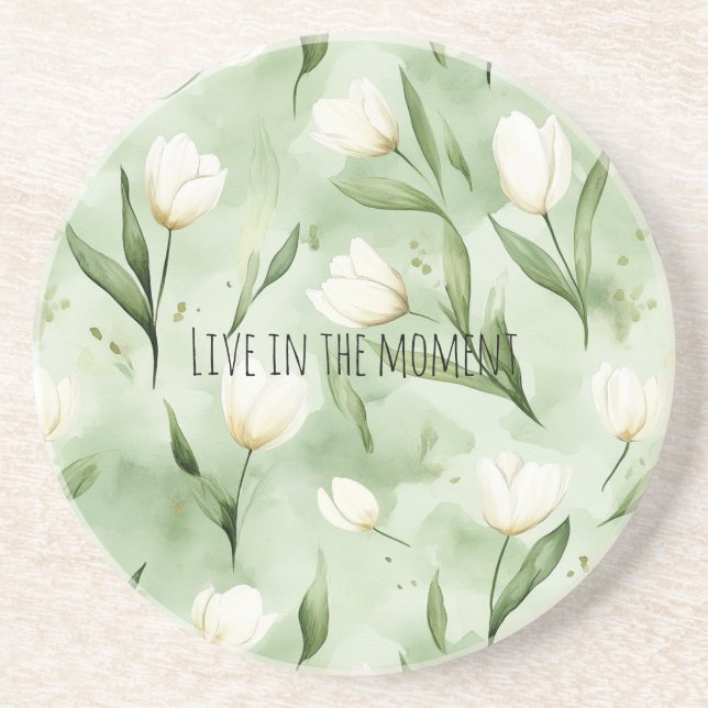 Dessous De Verre En Grès Fleurs de tulipes blanches vertes (Devant)