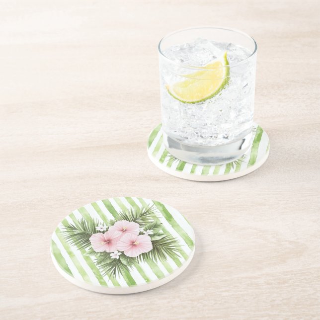 Dessous De Verre En Grès Fleurs d'Hibiscus Rose avec Rayures Vertes   (Côté)