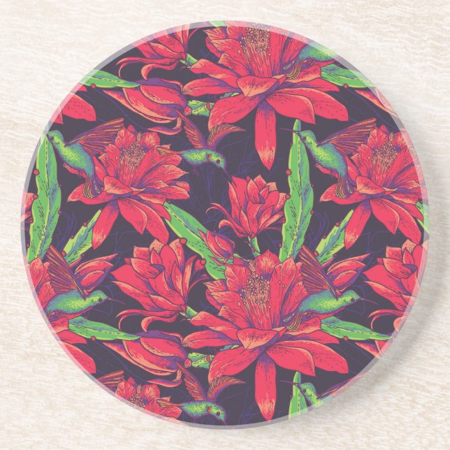 Dessous De Verre En Grès Fleurs Et Colibris (Devant)