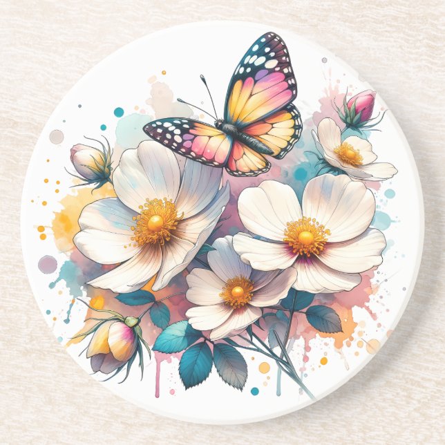 Dessous De Verre En Grès Fleurs et papillons Dessous de verre de grès (Devant)
