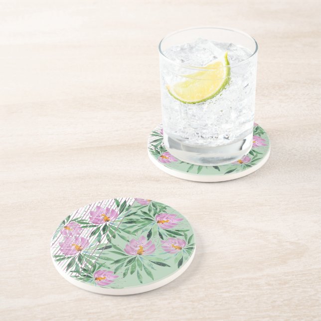 Dessous De Verre En Grès Fleurs Fleurissent Violet Aquarelle Chic Rayures (Côté)