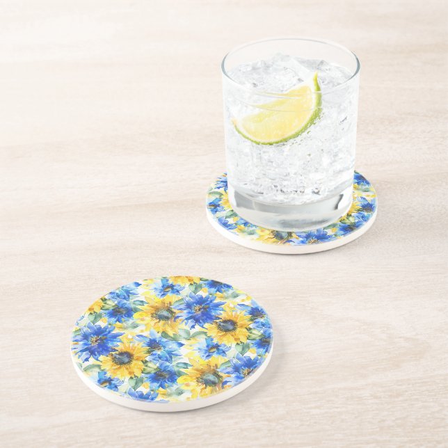 Dessous De Verre En Grès Fleurs jaunes bleues (Côté)