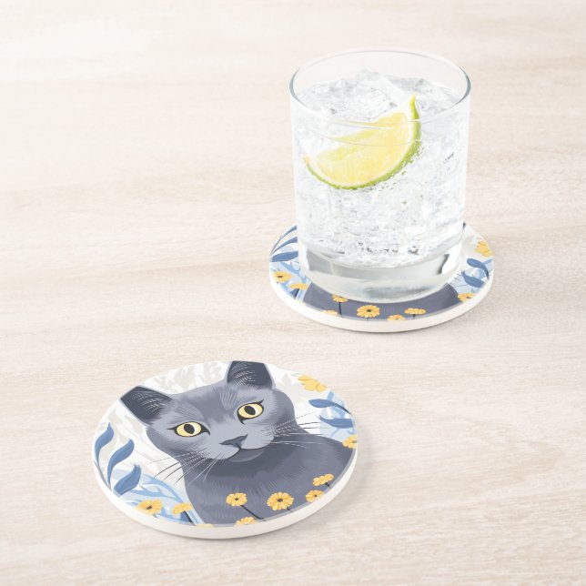 Dessous De Verre En Grès Fleurs Jaunes Chat Bleu Russe (Côté)