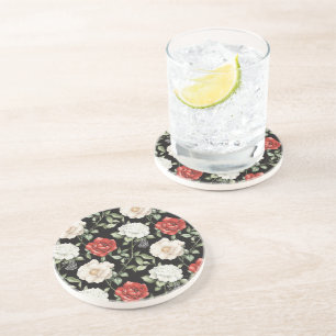 Dessous De Verre En Grès Fleurs Noires Rouges Blanches Chic