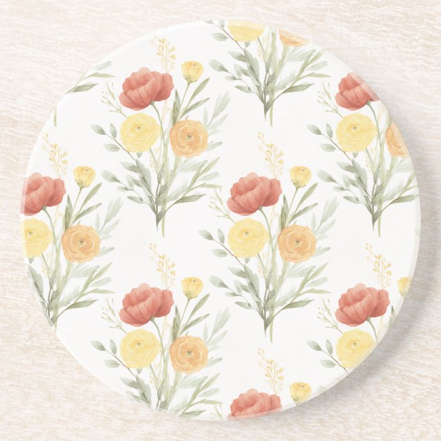 Dessous De Verre En Grès Fleurs Orange Jaune Rouge (Devant)