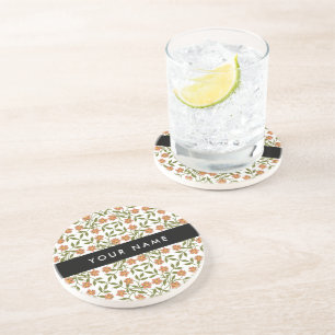 Dessous De Verre En Grès Fleurs orange, Motif Floral, Boho, Votre Nom