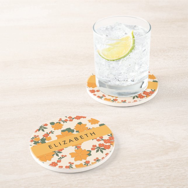 Dessous De Verre En Grès Fleurs Oranges, Motif De Fleurs, Votre Nom (Côté)