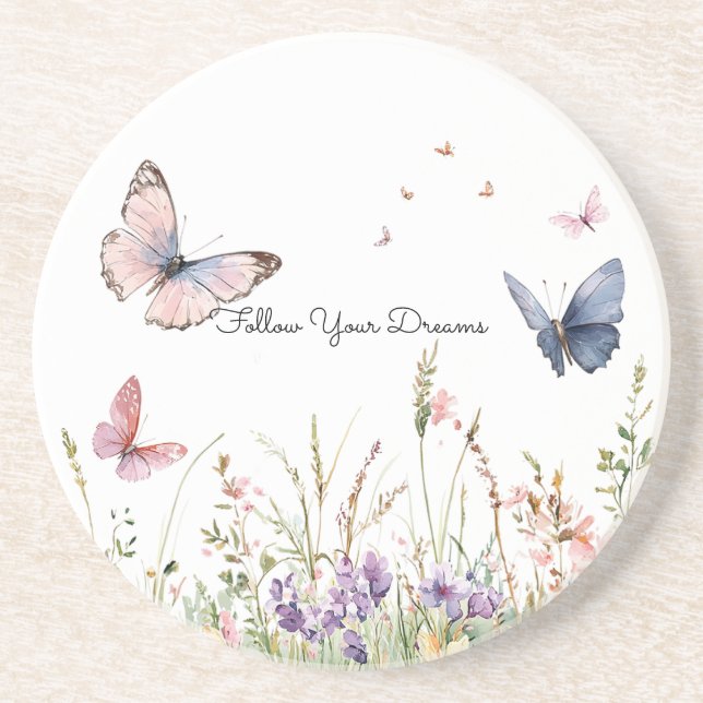 Dessous De Verre En Grès Fleurs Papillons Rouge Rose Violet   (Devant)