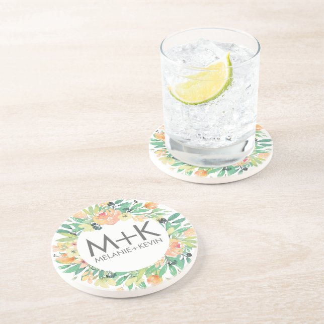 Dessous De Verre En Grès Fleurs Pastel Peach Wreath Design Mariage (Côté)