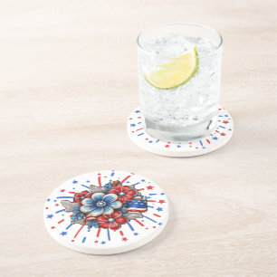 Dessous De Verre En Grès Fleurs Patriotiques en Rouge Blanc & Bleu 4 Juille