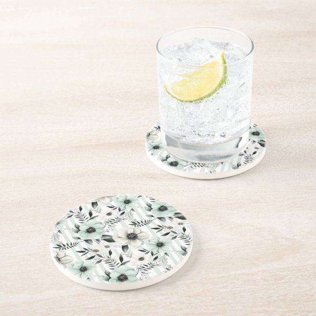 Dessous De Verre En Grès Fleurs Rayures Blanc Noir Menthe (Côté)