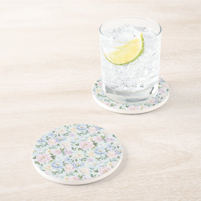 Dessous De Verre En Grès Fleurs roses bleues jaunes (Côté)