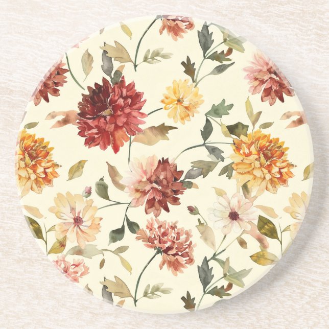 Dessous De Verre En Grès Fleurs roses jaunes rouges d'automne (Devant)