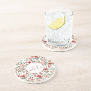 Dessous De Verre En Grès Fleurs roses rouges Citation personnalisée