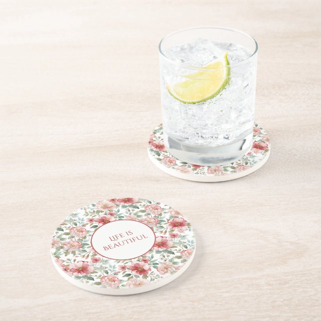 Dessous De Verre En Grès Fleurs roses rouges Citation personnalisée (Côté)