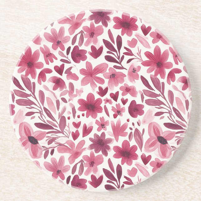 Dessous De Verre En Grès Fleurs Roses Rouges Fillettes Crème Cœurs   (Devant)