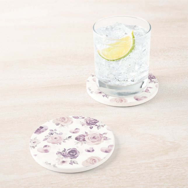 Dessous De Verre En Grès Fleurs roses violettes et cœurs (Côté)