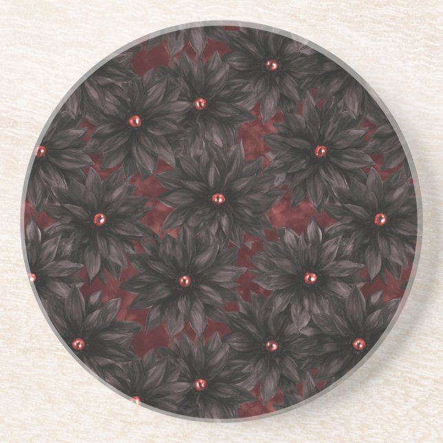 Dessous De Verre En Grès Fleurs Rouge Noir (Devant)