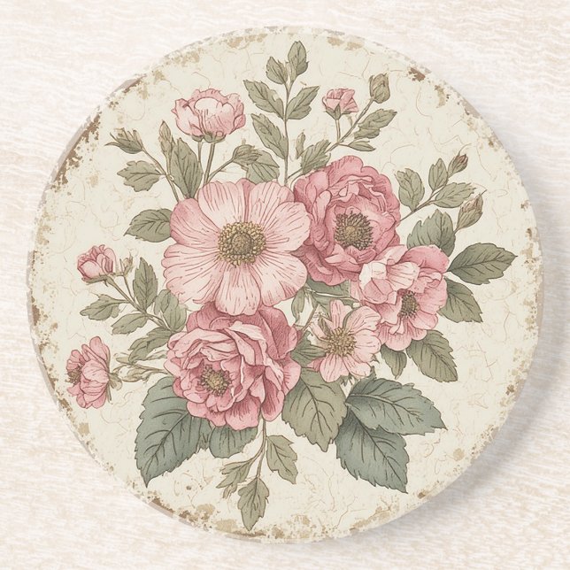 Dessous De Verre En Grès Fleurs Shabby Chic (Devant)