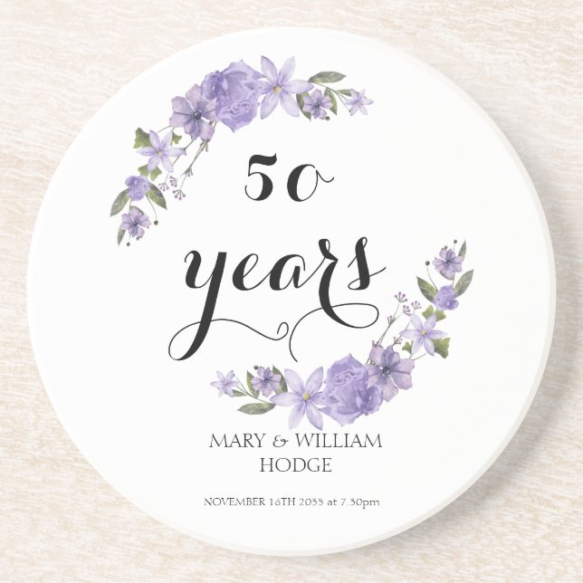 Dessous De Verre En Grès Fleurs violettes de lavande 50e anniversaire maria (Devant)