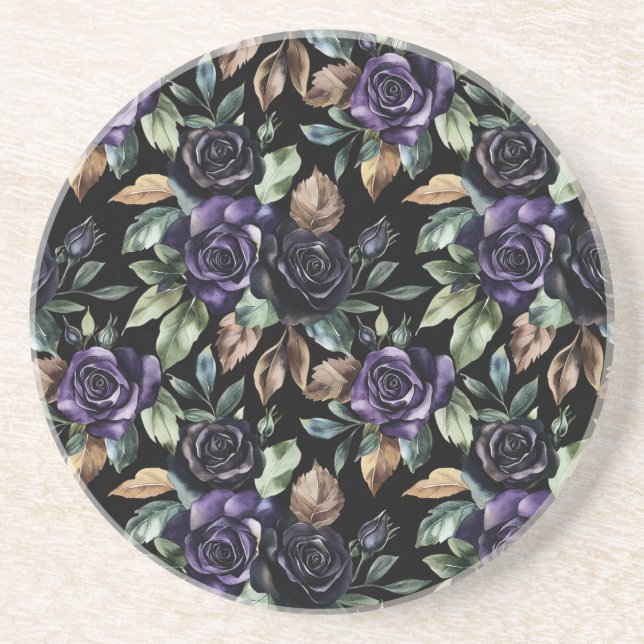 Dessous De Verre En Grès Fleurs Violettes Feuilles Bronze (Devant)