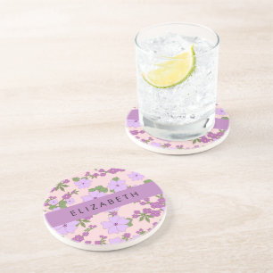 Dessous De Verre En Grès Fleurs Violettes, Motif De Fleurs, Votre Nom