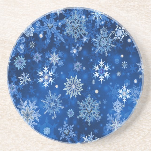 Dessous De Verre En Grès Flocons de Noël Bleus et Argent (Devant)