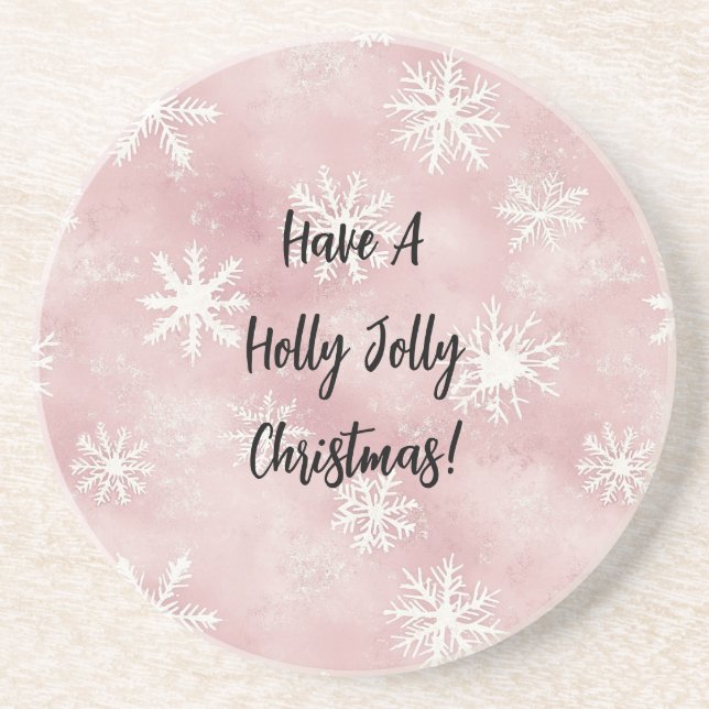 Dessous De Verre En Grès Flocons de Noël Hiver Rose Blanc (Devant)
