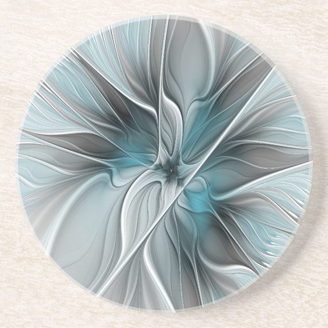 Dessous De Verre En Grès Floral Fractal Moderne Fleur Abstrait gris bleu (Devant)