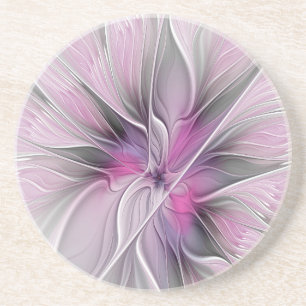 Dessous De Verre En Grès Floral Fractal moderne Fleur Abstraite rose gris