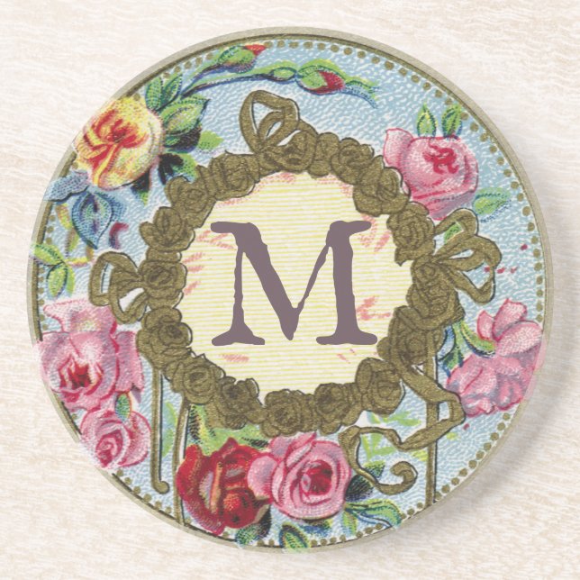 Dessous De Verre En Grès Floral français d'antiquité monogramme (Devant)